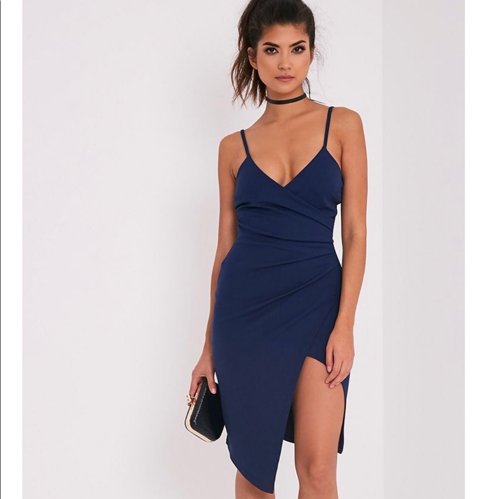 🔥Lauriell Navy Wrap Front Crepe Midi Dress🔥